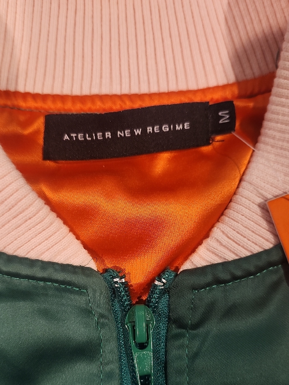 Atelier New Regime Green Satin Bomber with Pink Rib Collar - Picture 2 of 11